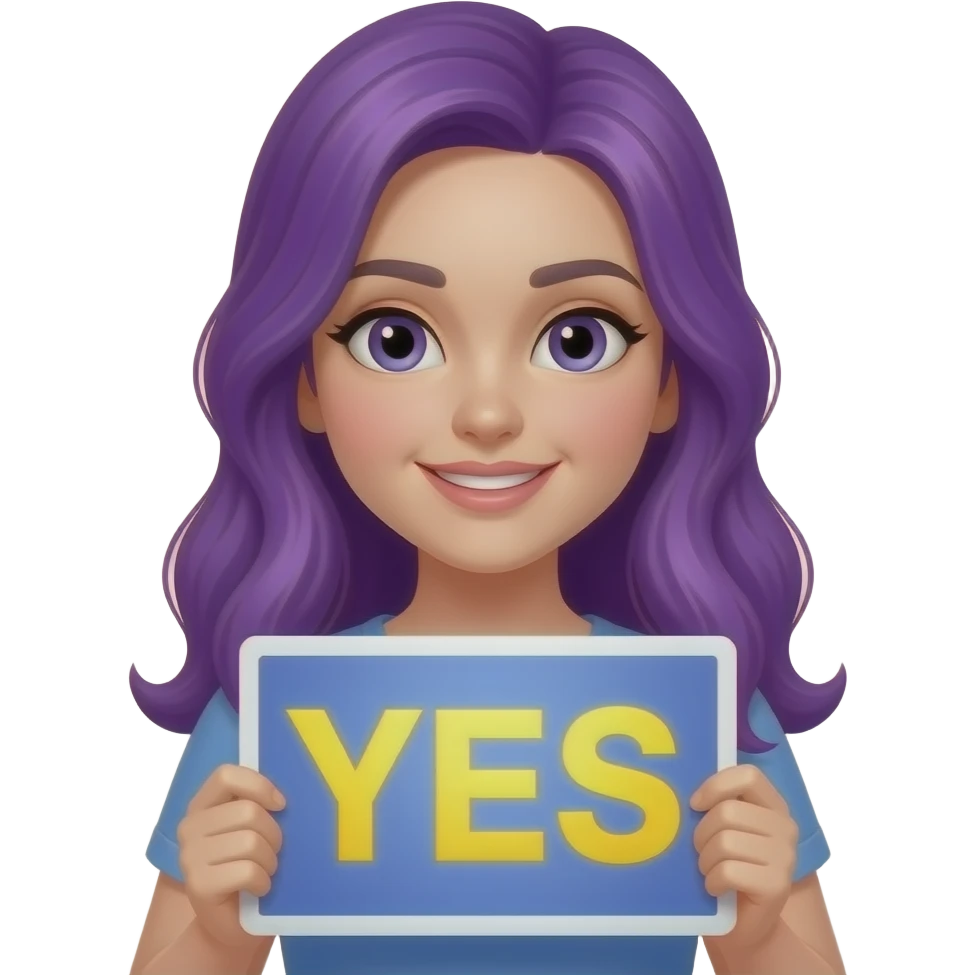 girl with long purple hair with a YES sign emoji