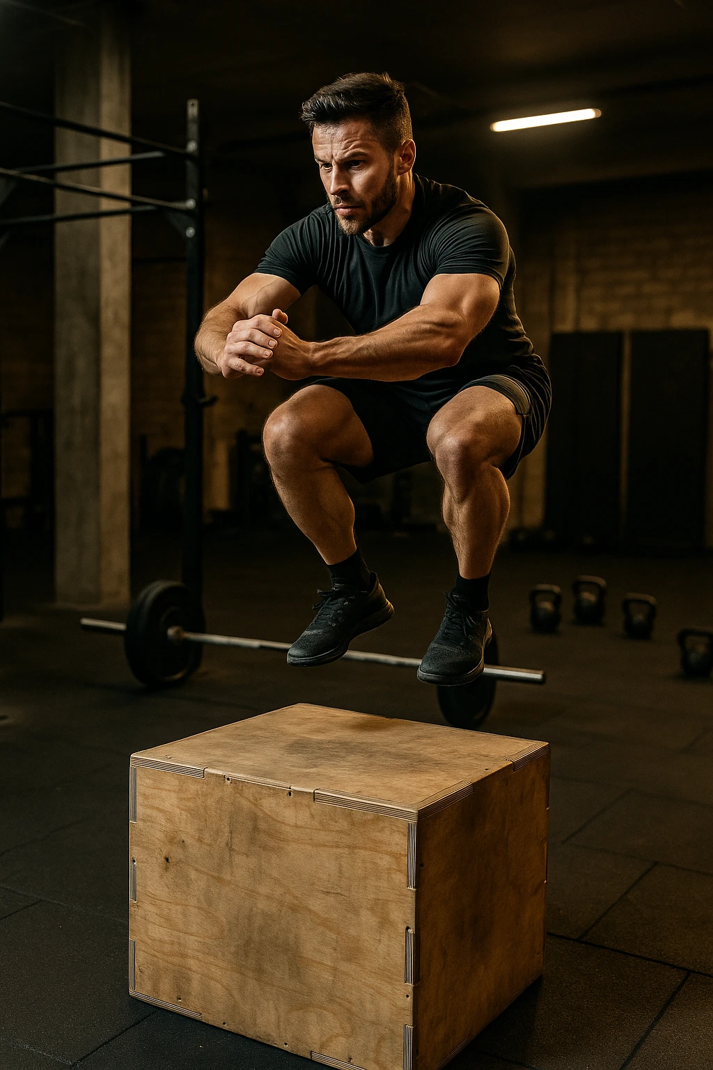 a man doing a box jump, athletic Crossfit scene, dynamic movement emoji