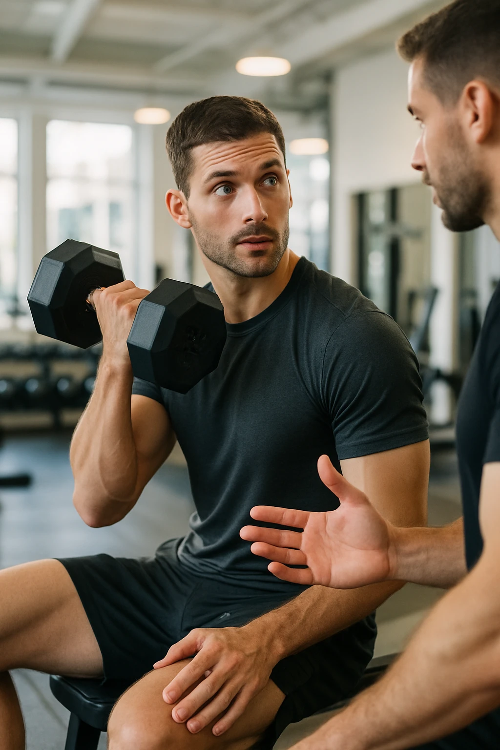 sporty man in gym inspired by reference photo, alternating glances between weights and trainer, seeking advice on intensity, bright environment, vertical format emoji