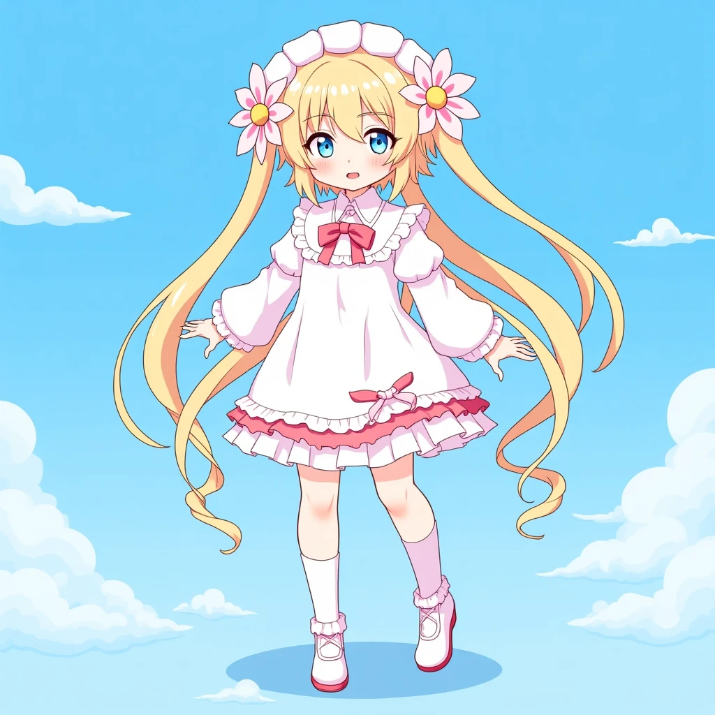 Take the image of the video game character Lumine from the video game Genshin Impact and make it as true to the original anime art style of the game as possible, full body, pretty, official sprite art, flower in hair emoji
