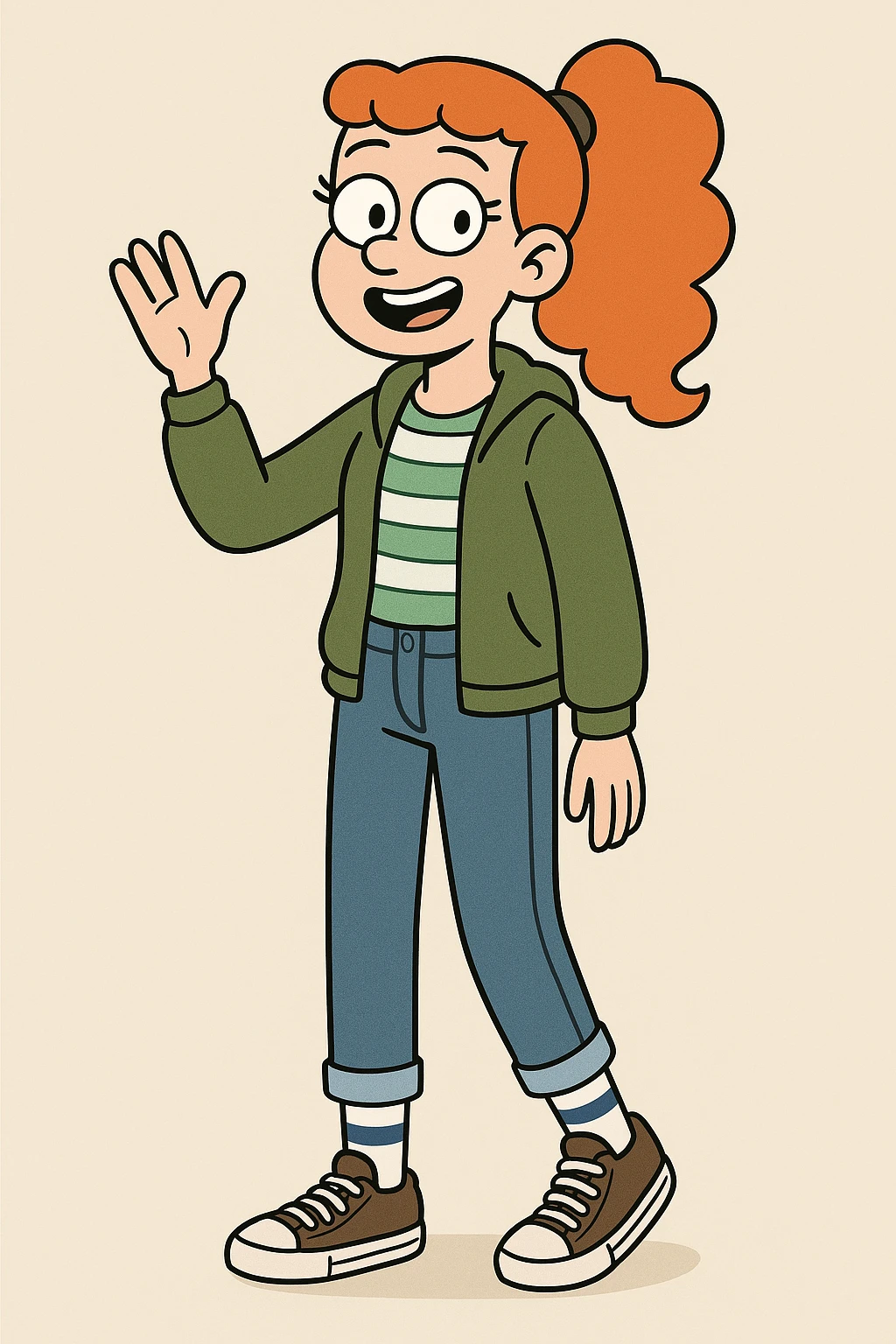 A girl Orange curly ponytail white green stripes ddre sshair jacket jeans blue sports striped socks brown converse women's chuck taylor all star shoreline slip on casual shoe wave and say hello emoji