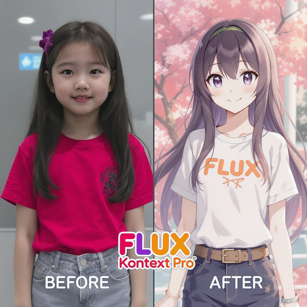 create before after image of a girl before is realsitic photo, after is anime version of her in same pose and clothes, add logo with text of a "FLUX Kontext Pro" emoji