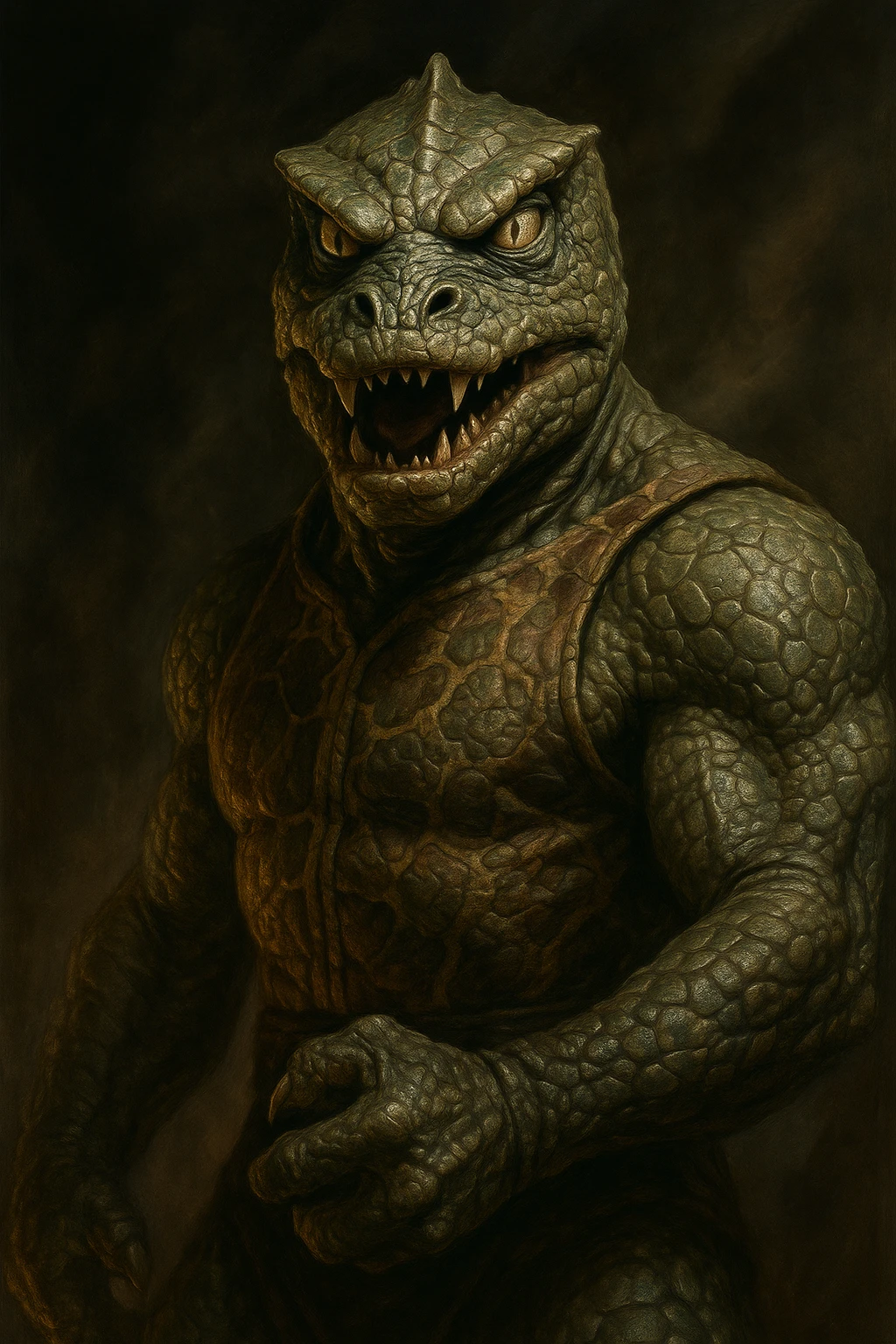 Gorn, the reptilian alien from Star Trek, dramatic detailed style with emphasis on scales and menacing posture emoji