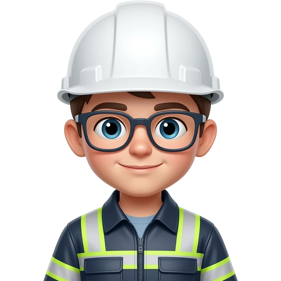 short hair boy with eyeglass engineer with white hardhat, with reflector suit emoji