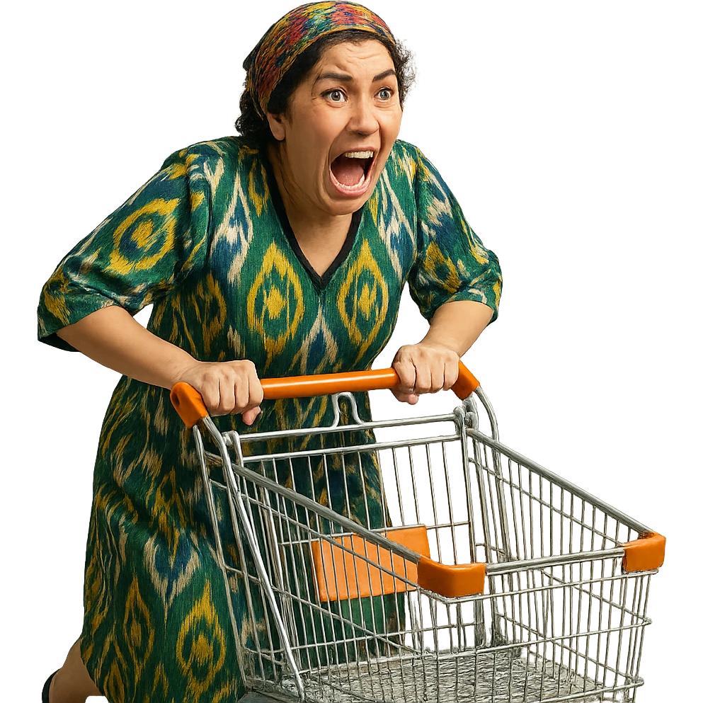 hysterical Uzbek woman with a shopping cart emoji