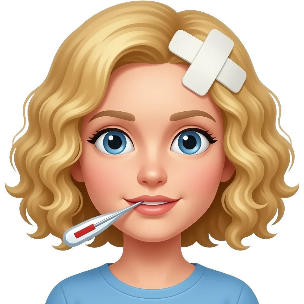 blonde tight curly bob with a bandage on head and thermometer in mouth emoji