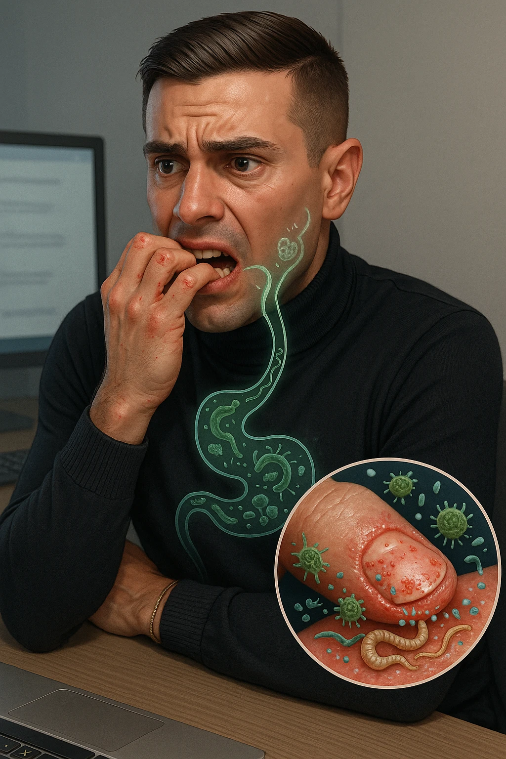 Anxious man at office desk unconsciously biting fingernails, microscopic overlay showing parasitic eggs and bacteria concentrated under nail beds, worms and microorganisms being consumed with each bite, expression of nervous habit unaware of contamination, computer screen reflecting his stress while he infects himself, fingertips raw and bleeding from chronic nail-biting, invisible parasite colonies entering his digestive system emoji