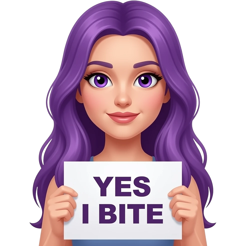sexy girl with long purple hair and purple eyes holding a YES I BITE sign emoji