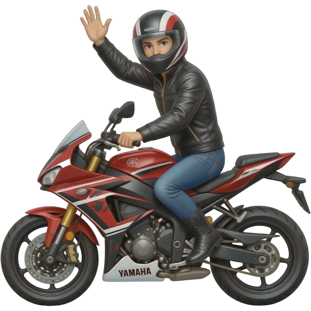 Man on Yaham T7 motorcycle red black and white waving emoji