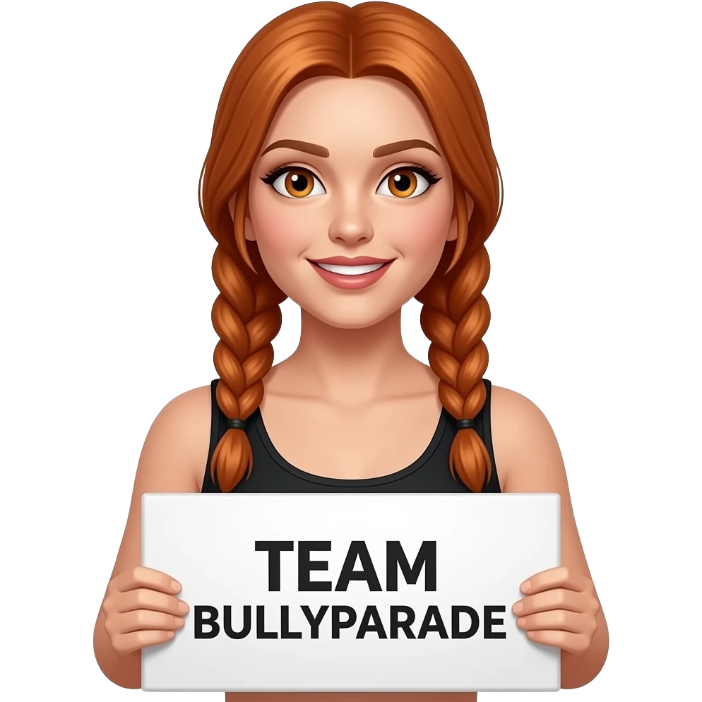 sexy girl with long ginger braids and ginger eyes wearing a black tanktop is holding a white sign with TEAM BULLYPARADE written on it emoji