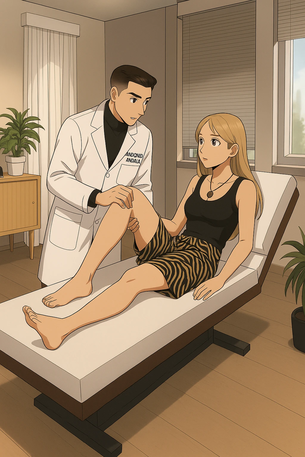 fai un webtoon/manga a colori con questo kinesiologo in camice bianco (fagli la scritta "ANTONIO ANANIA" SUL CAMICE) CHE SVOLGE UN TEST NEUROMUSCOLARE SOLLEVANDO UNA GAMBA ALLA RAGAZZA CHE è STESA SU UN LETTINO BIANCO. STANZA SEMPLICE E MODERNA, DURANTE IL TEST I DUE DIALOGANO TRA LORO. NON FARE I FUMETTI, FAI SOLO LORO COME SE DIALOGASSERO emoji