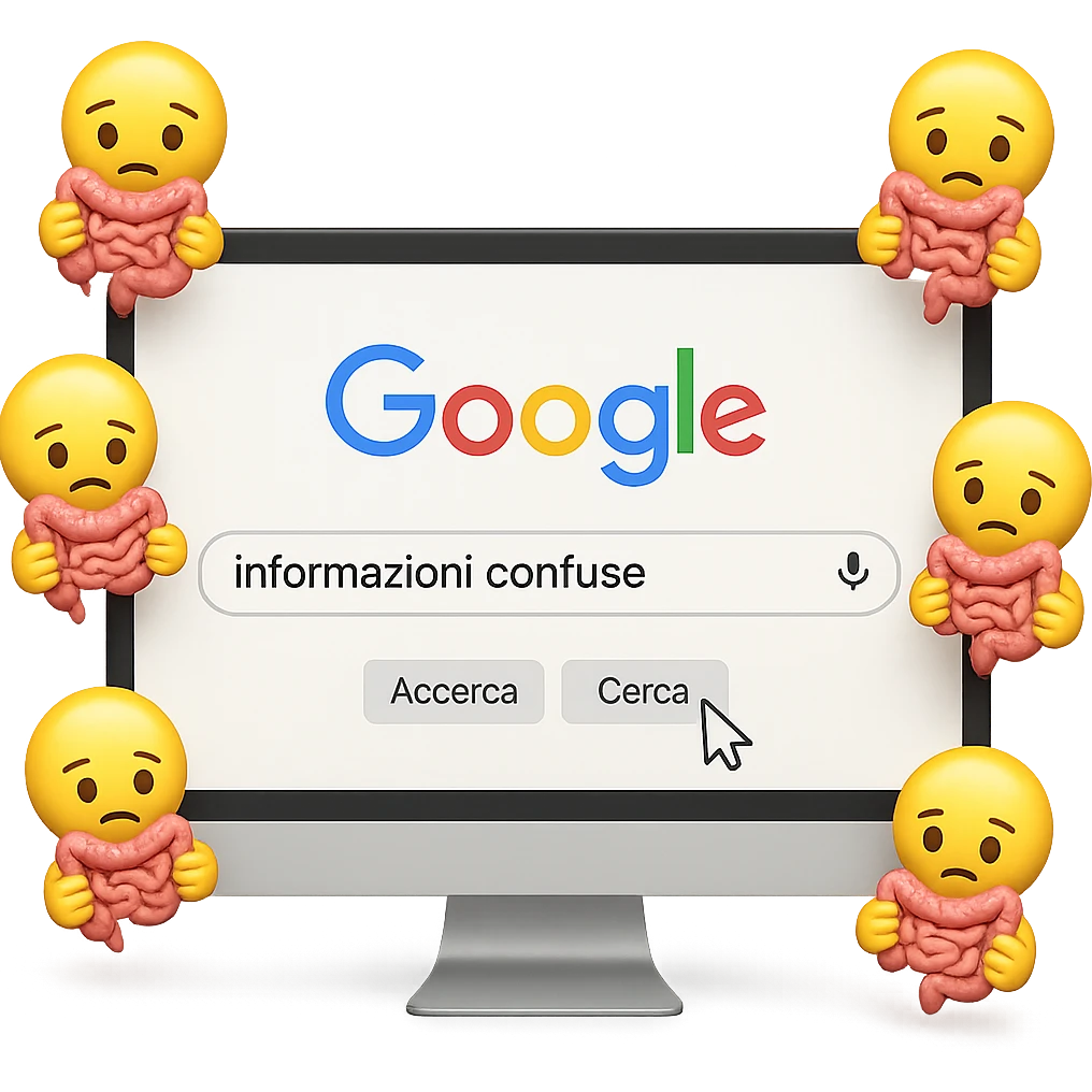 SCHERMO DI PC CON LA SCRITTA "informazioni confuse" SULLA BARRA DI RICERCA GOOGLE SULLO SCHERMO E IL CLICK DEL MOUSE SULLA SCRITTA CERCA, stile emoji iphone fluttuano in aria stringendo in mano un pezzo di colon intestinale, iperrealistico 4k emoji