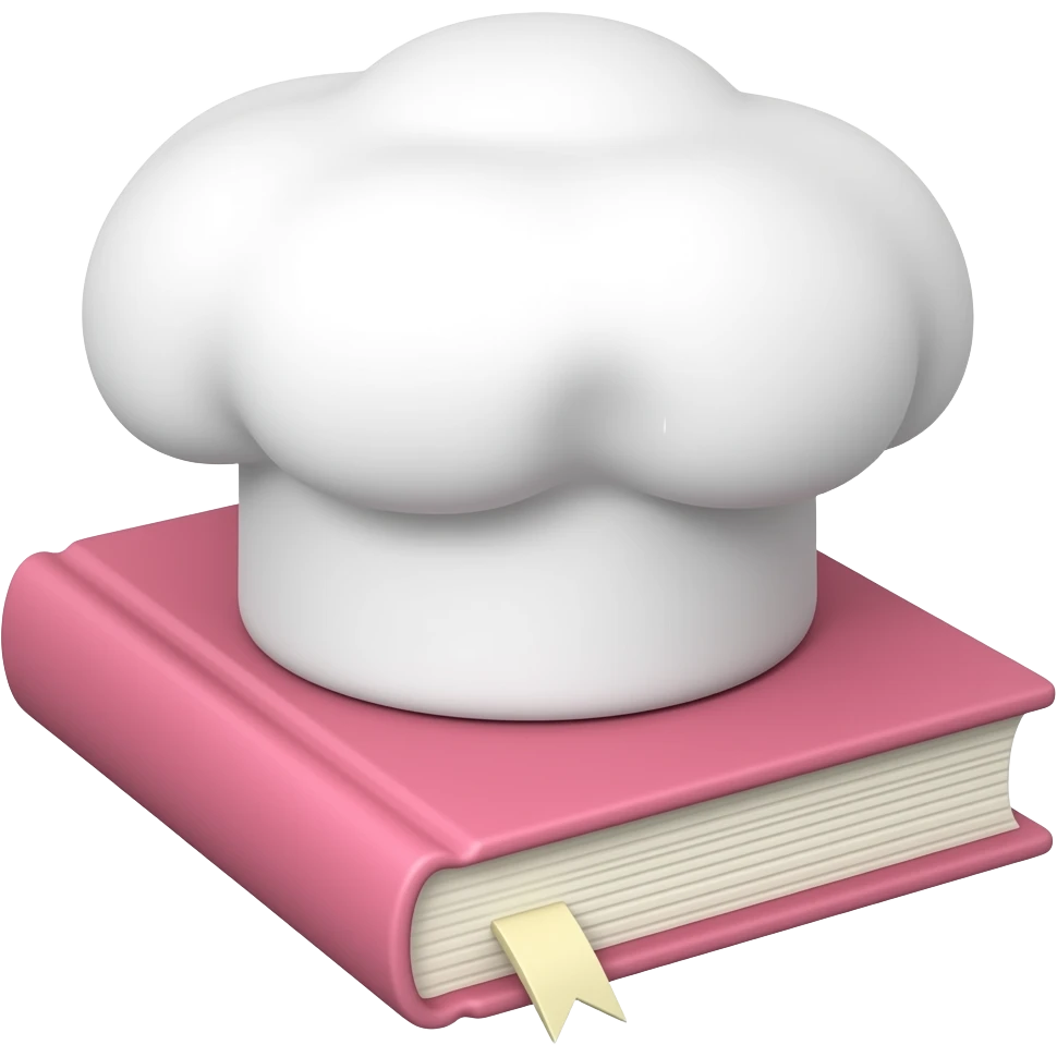 Chapeu de confeiteiro branco, junto com livro rosa de receitas. Tipo, chapéu "encima" do livro emoji