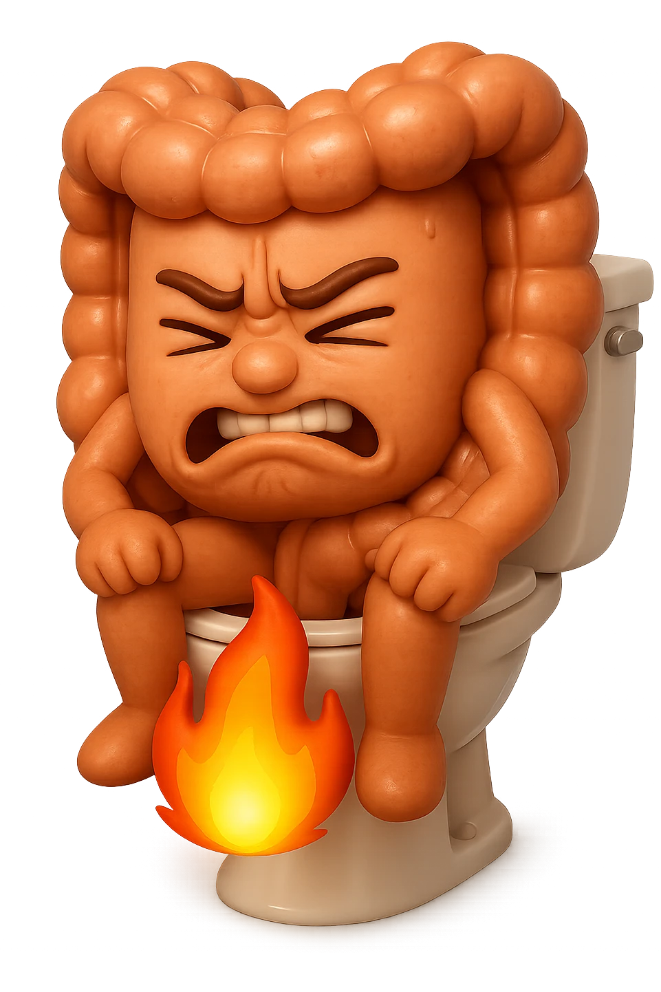 SU QUESTO STILE FAI UN EMOJI STILE IPHONE 3D DI UN INTESTINO CHE sta seduto sul wc e dal wc in mezzo alle sue gambe esce una fiamma stile emoji iphone, FAGLI UN ESPRESSIONE di dolore mentre si sforza E FALLO MOLTO REALISTICO IN 3D emoji