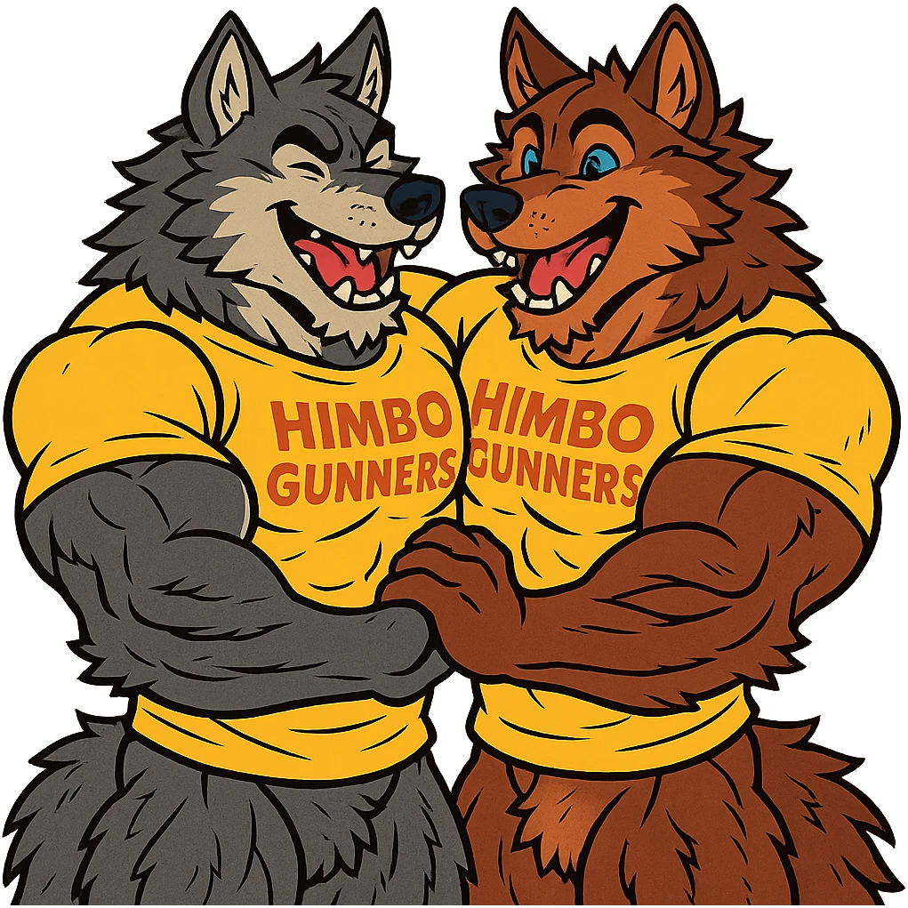 two extremely muscular wolf furries with exaggerated and highly detailed muscles, wearing t-shirts that say 'Himbo gunners', hugging each other, friendly and joyful expressions, very detailed fur and anatomy, high quality emoji