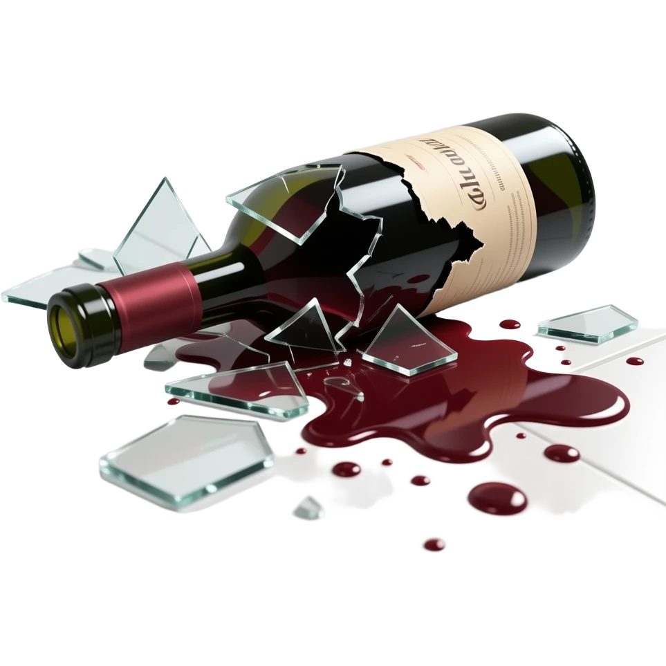 A broken wine bottle on the floor, shattered with sharp glass pieces scattered around. Red wine spilled across the surface, forming dark liquid puddles and splashes. The label is partially visible, torn and wet. Soft dramatic lighting, no people, clean indoor floor, realistic and detailed. emoji