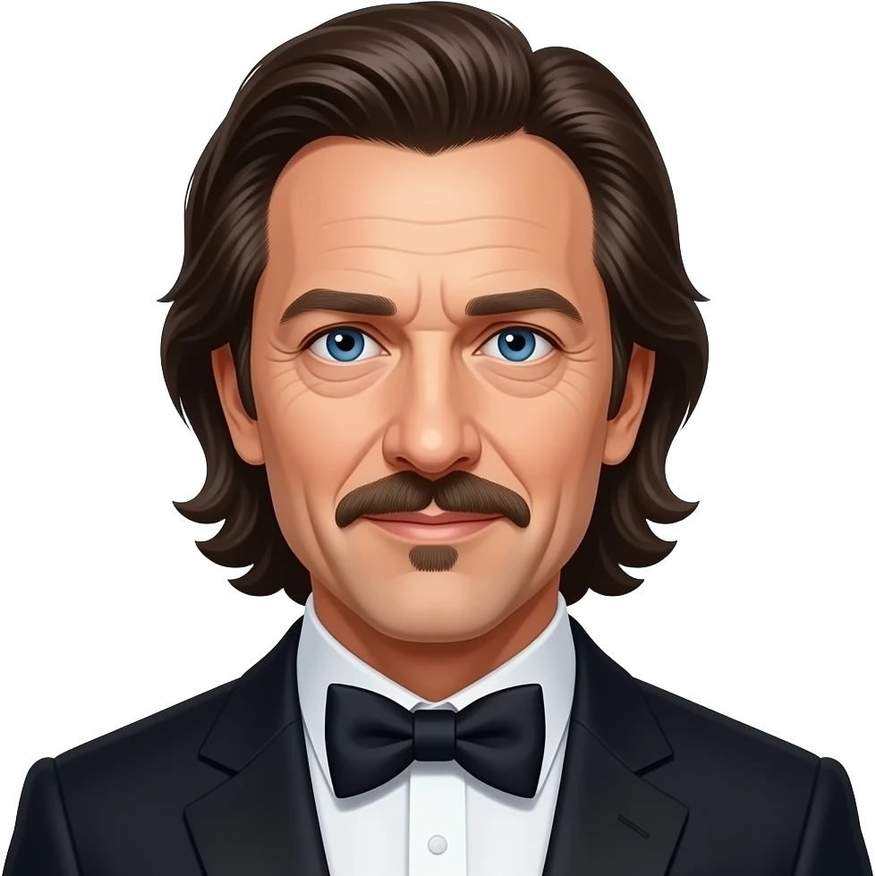 Gary Oldman with blue eyes, long dark brown hair, oscar black suit with bow tie emoji