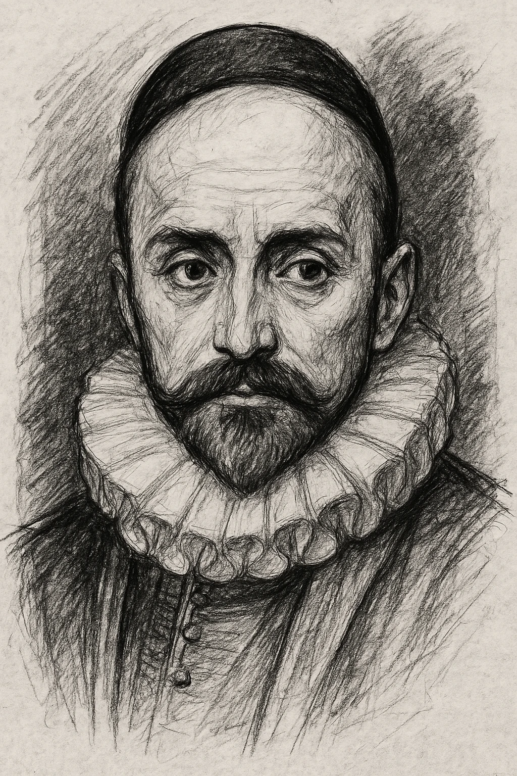 a hand drawn black outline portrait of philosopher Montaigne with similar-sized eyes based a famous portrait of him emoji