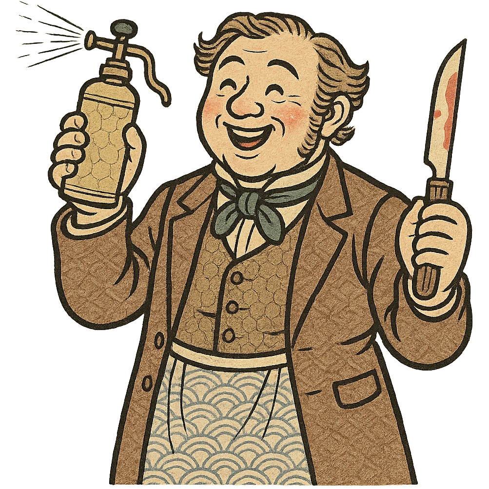A happy victorian surgeon holding a carbolic spray in one hand and a surgeons knife in the other emoji