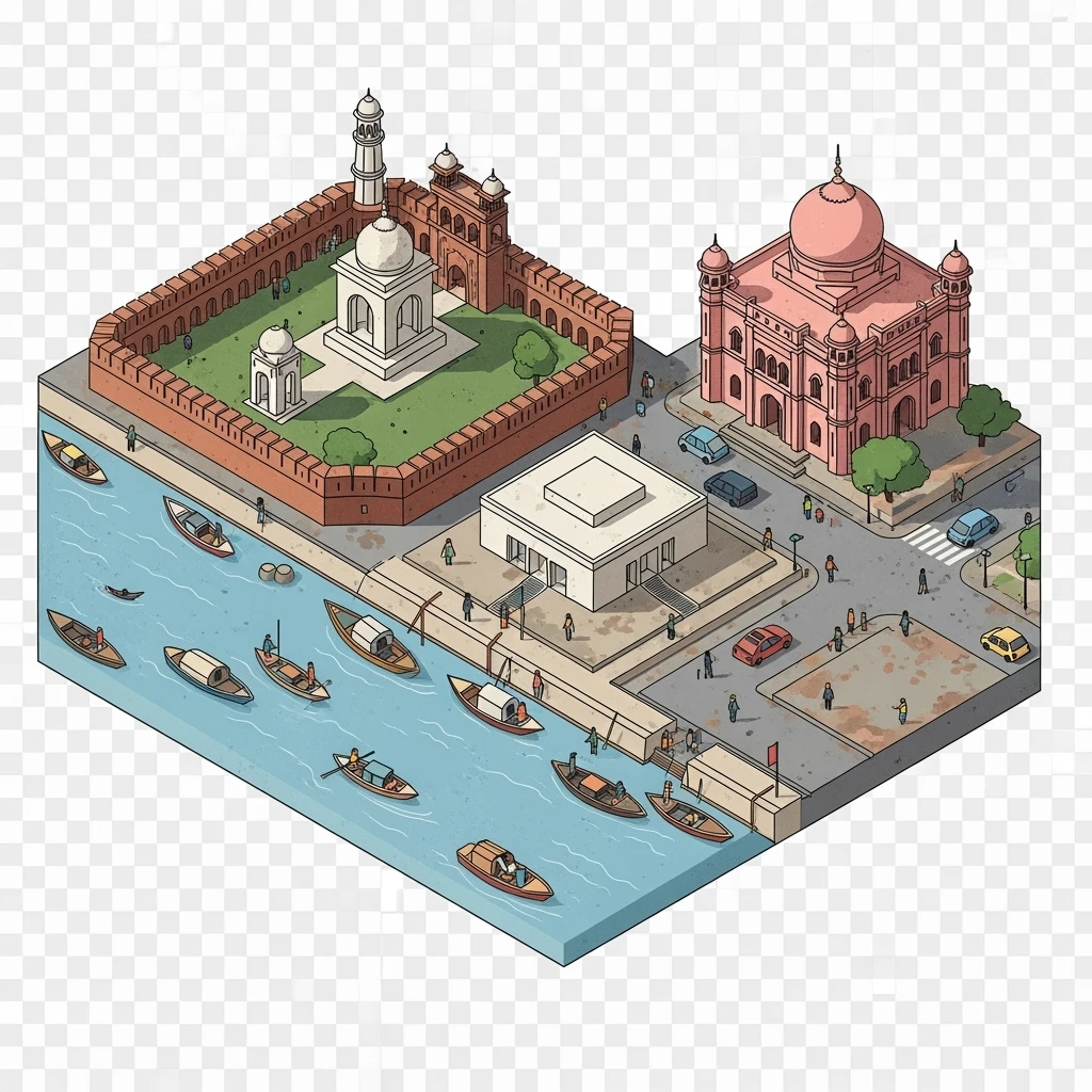 Isometric minimalistic illustration of Dhaka – Lalbagh Fort, Ahsan Manzil, bustling river boats, dirty colorful streets, subtle 3D miniature effect and Tilt Shift effect, no cartoonish look, transparent background. emoji