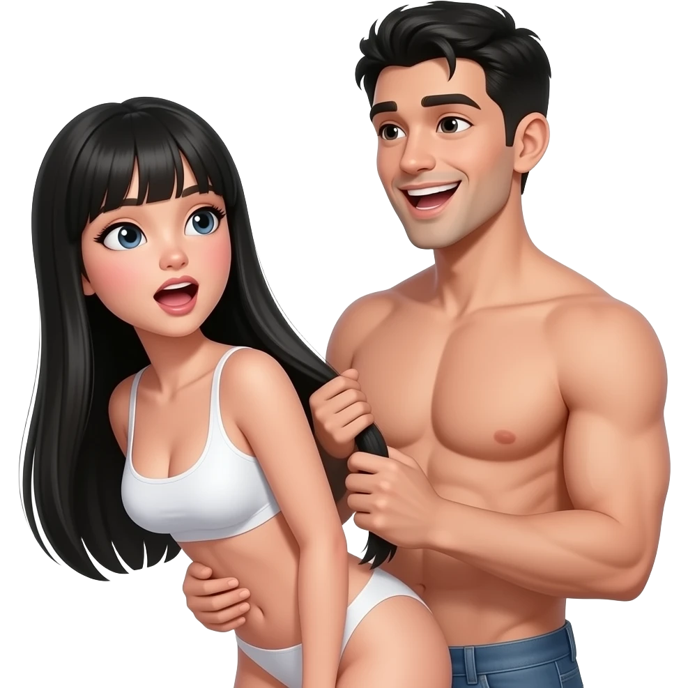 "skinny white girl long straight black hair nude doggy style, slightly tanned slim guy short black hair grabbing her hair, explicit penetration, she moans in pleasure, he looks excited, both naked, realistic emoji