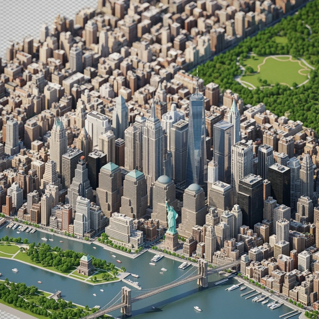 Isometric miniature of New York Сity Empire State Building, One World Trade Center, Statue of Liberty, Brooklyn Bridge, and Central Park chaotic low-rise blocks in outer boroughs 3D miniature effect and Tilt Shift effect, no cartoonish look, transparent background. emoji