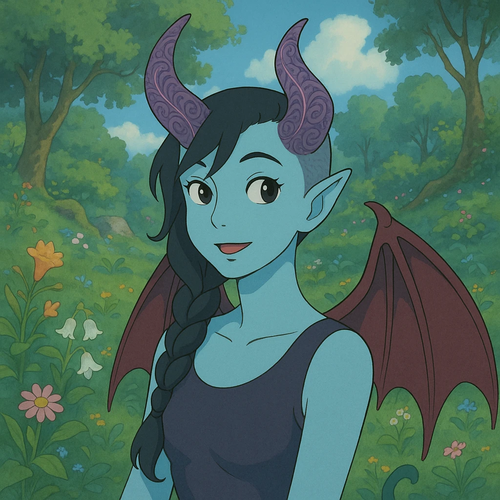1 female, incubus, light blue skin, black hair, long braid, side of her head is shaved. Purple horns carved with inlay pattern. emoji