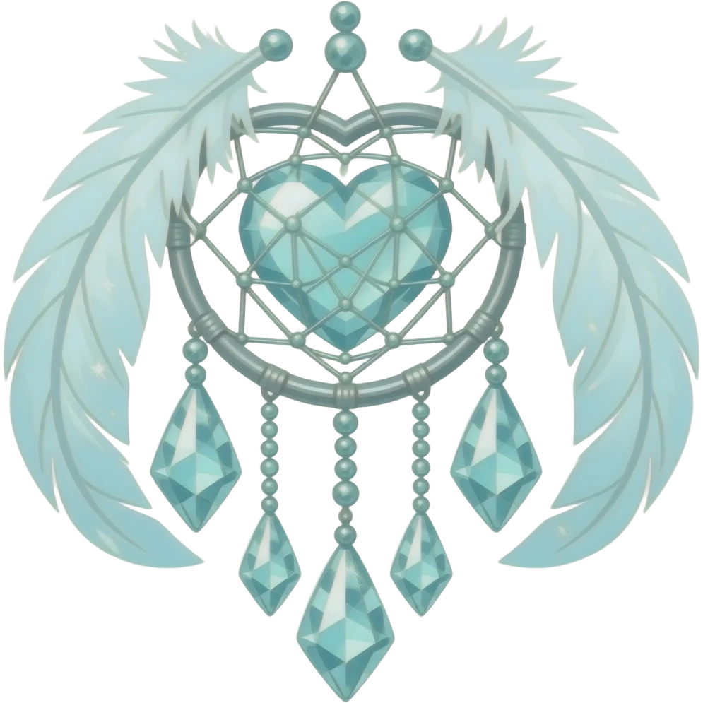 Cyan-greenish and silver cold-cool-colored romantic lush beautiful pretty hanging crystal-catcher aesthetic with hearts and sparkles and feathers emoji