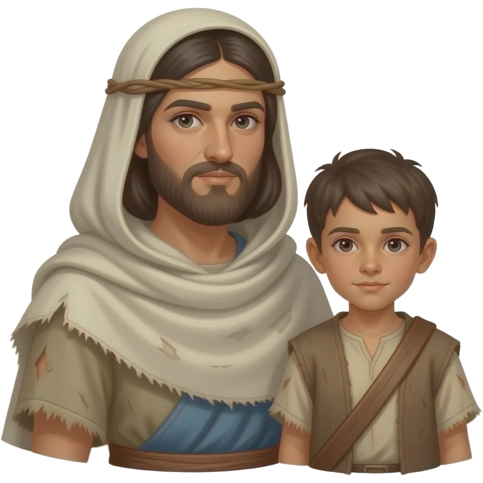 A Jewish nomadic woman a little boy, wearing old tattered draped clothing from biblical times emoji