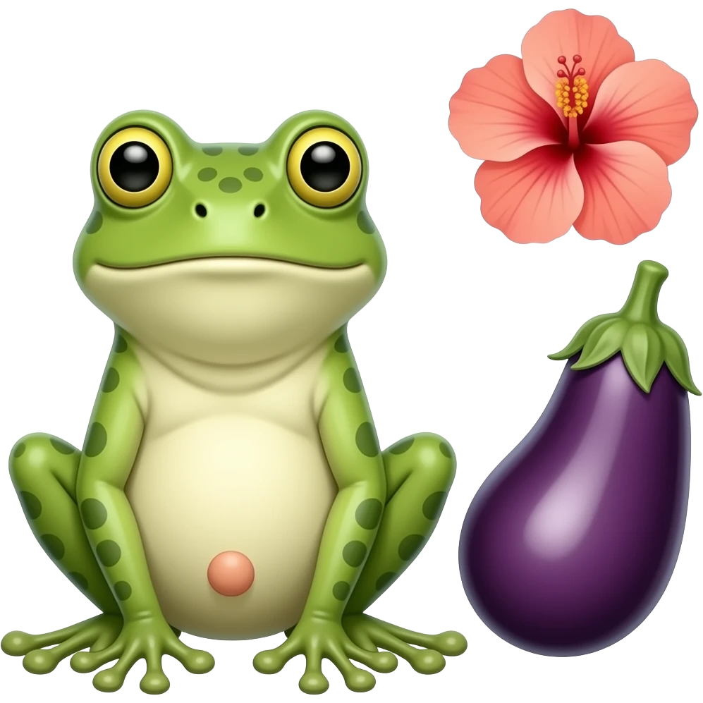 A frog with a big eggplant at the spot of penis and an hibiscus on the right to the upper side of eggplant emoji