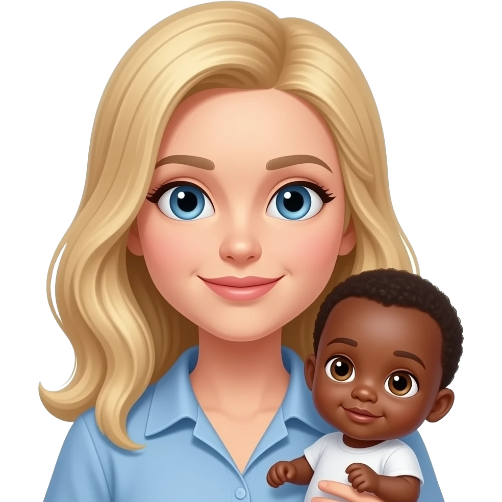 Caucasian woman with blonde hair and blue eyes holding an African baby with brown eyes emoji