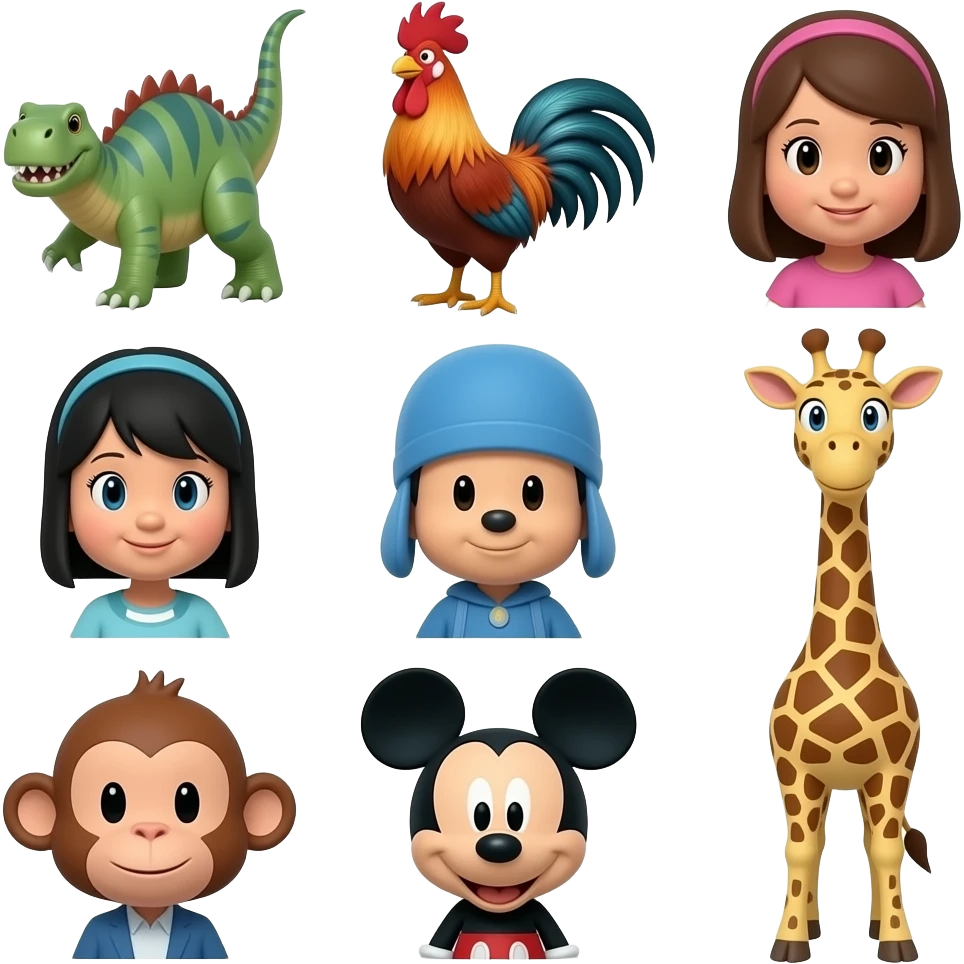 dinossauro galo Pocoyo deema ioiô molly jimmy macaco mickey mouse girafa emoji