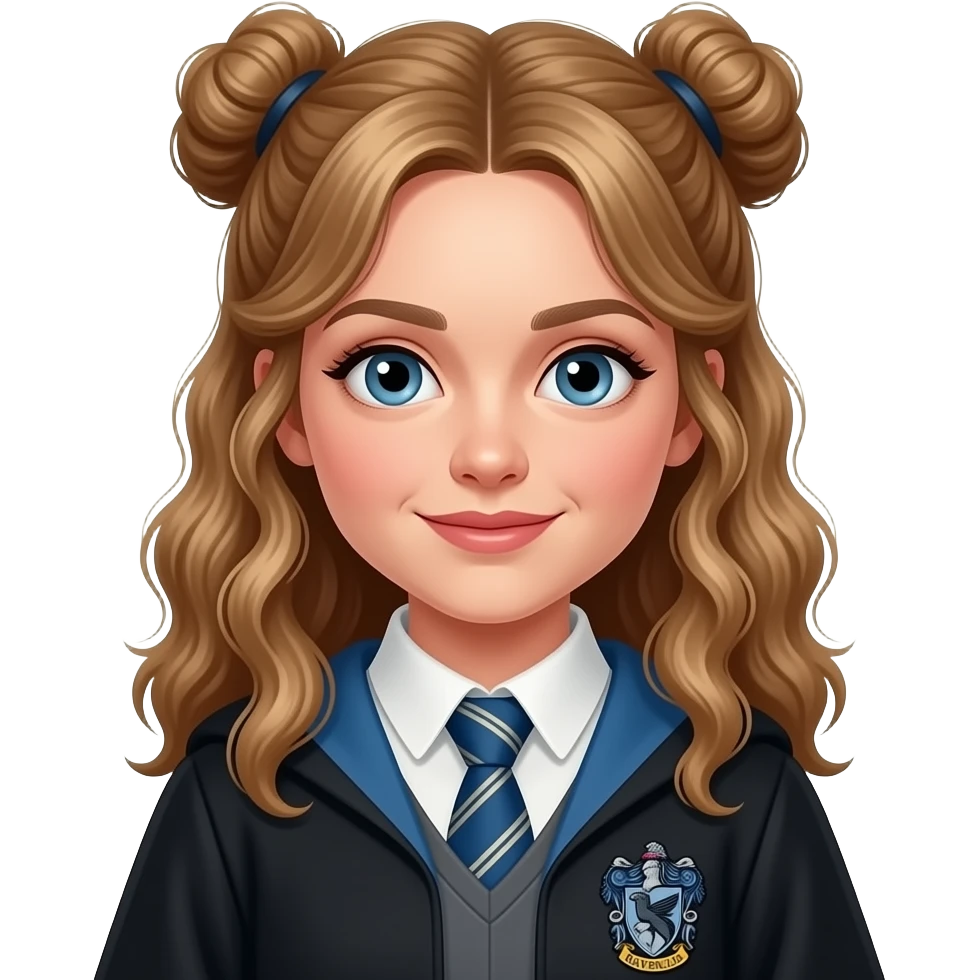 Emily Bett Rickards in Harry Potter, wearing a Ravenclaw robe, her dark-blonde hair are up in two braided buns with some hair framing her face in waves. emoji