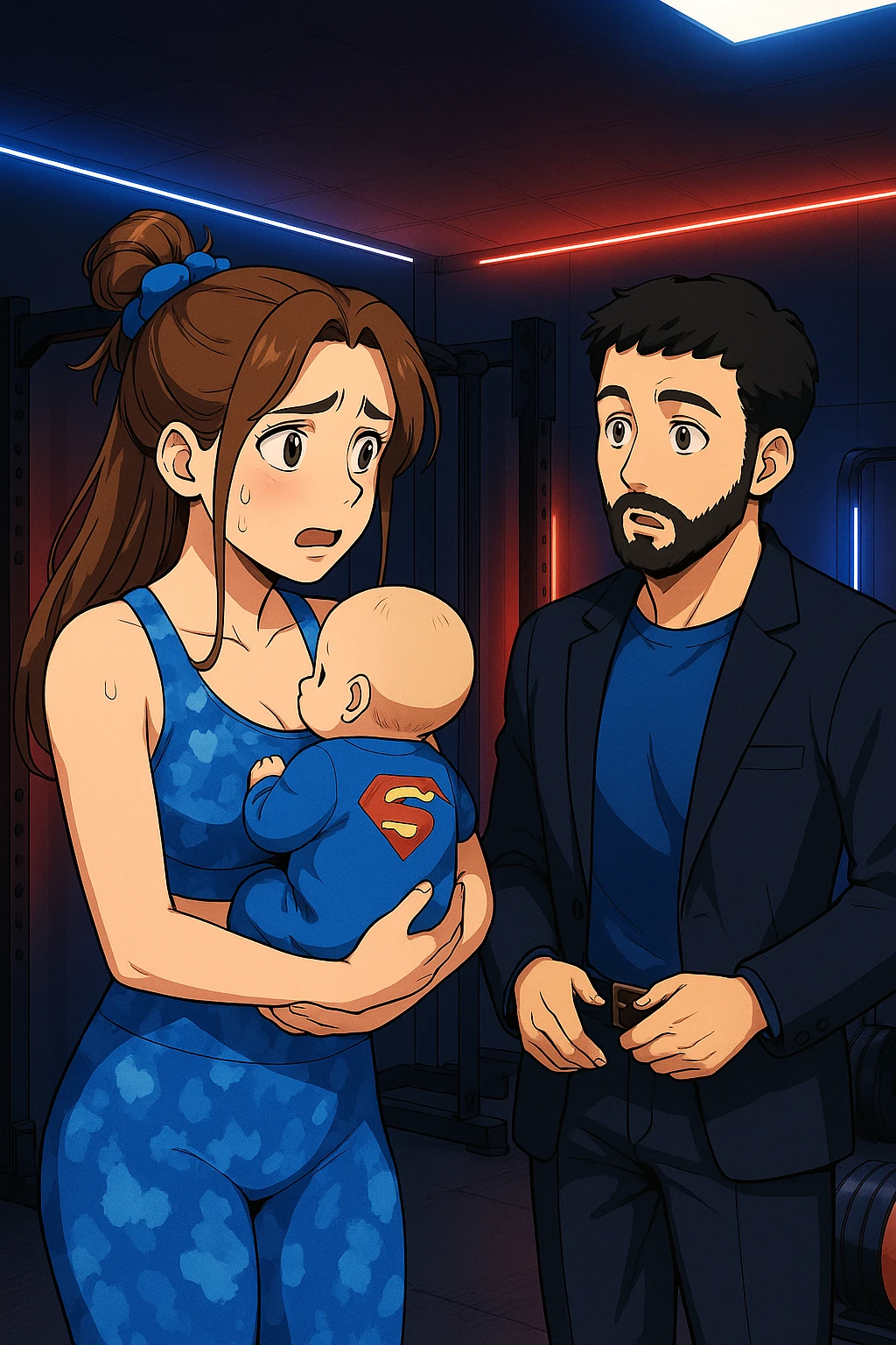ispirati a questo stile di disegno e fai questa immagine in versione manga/webtoon a colori, il manga mostra la donna preoccupata con un neonato in braccio con una tutina azzurra e la scritta "S" sulla schiena, la donna gli sta facendo una domanda all'uomo, ma non fare i fumetti, fai come se stessero parlando emoji
