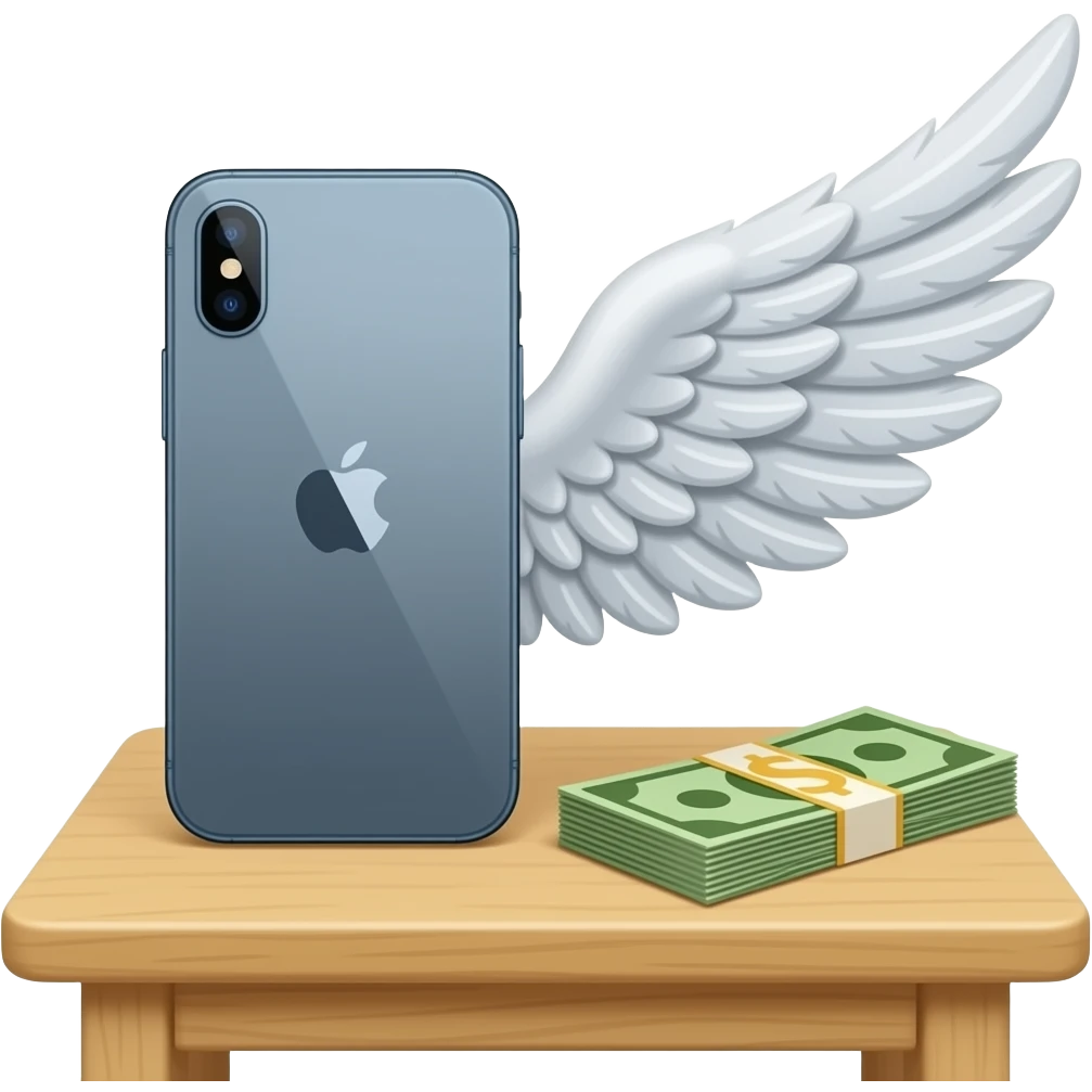 An iPhone sits on the table, next to a banknote with wings emoji