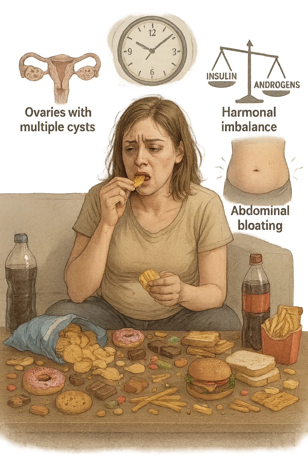 Donna tra i 25 e i 35 anni seduta sul divano o a un tavolo disordinato, circondata da cibi sparsi e poco sani: patatine, dolci, pane bianco, snack confezionati, bibite. Mangiando di fretta, ha un’espressione stanca e frustrata. Intorno a lei, in trasparenza o come illustrazione simbolica, si vedono gli effetti della PCOS peggiorata: ovaie con cisti multiple, squilibrio ormonale (↑ insulina, ↑ androgeni), gonfiore addominale. Sullo sfondo, orologio che corre o caos visivo che comunica disorganizzazione alimentare. Colori spenti e atmosfera stanca. Stile realistico con elementi simbolici e informativi. emoji