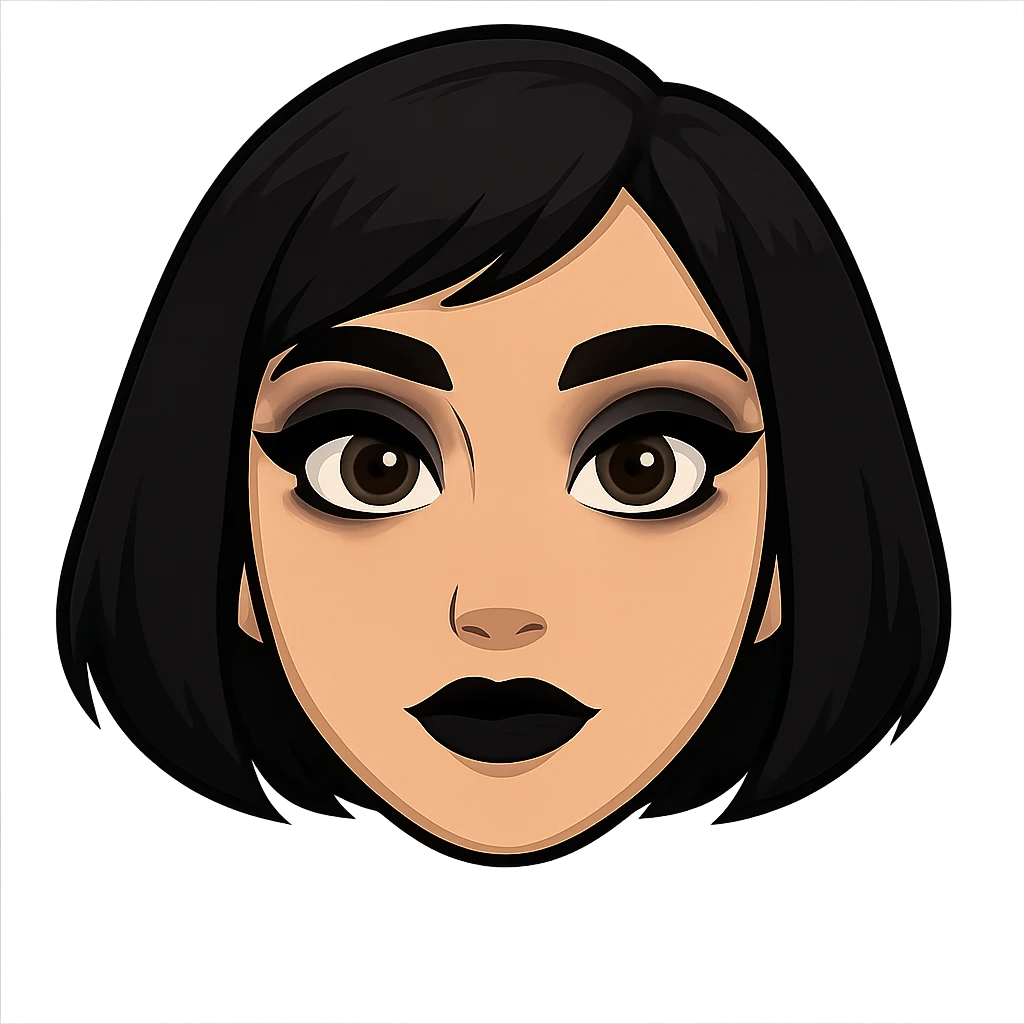 Isolate and keep only the face of Samsung Sam, removing neck and torso. The face should have black bob haircut and gothic style makeup. Preserve transparent background. emoji