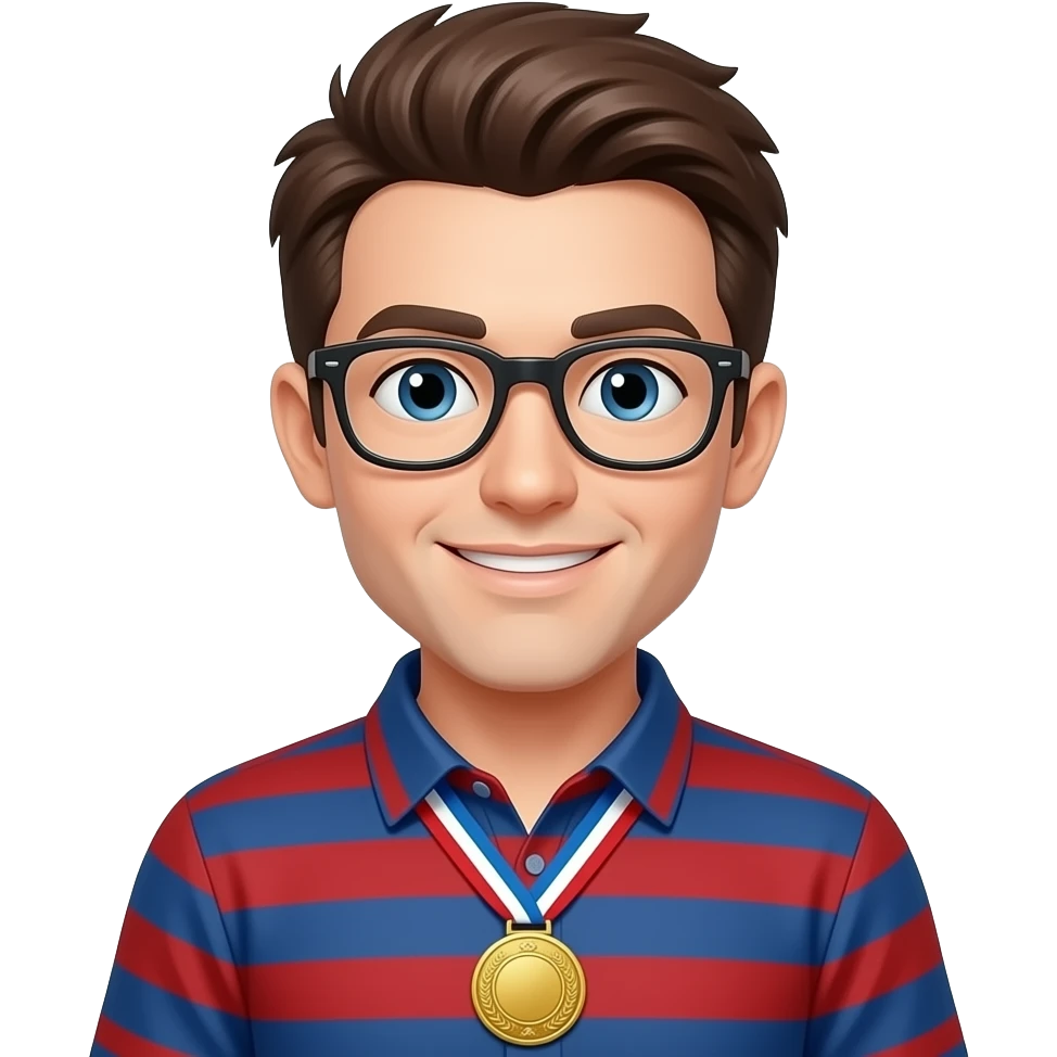 man in red and blue striped shirt. brown hair. glasses. sonichu medallion around his neck emoji