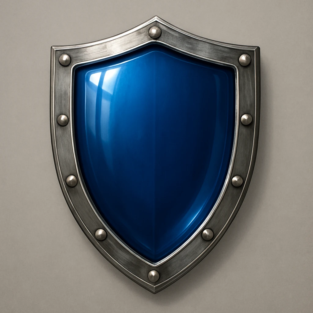 shield facing directly forward, deep blue shiny glass-like center, metallic border, no symbols, no sword, match the style and perspective of the reference image emoji