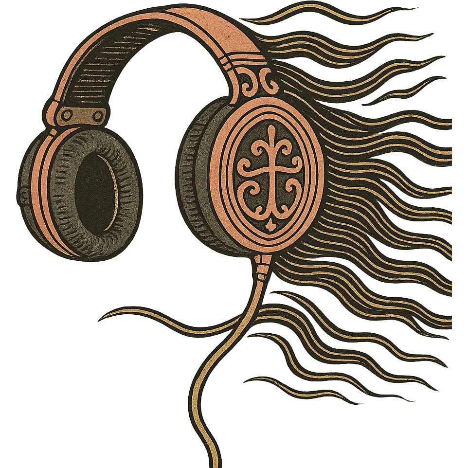 Remove the background, keep only the pink gothic headphones in ukiyo-e style, with traditional Japanese gothic motifs and flowing lines, with no background. emoji
