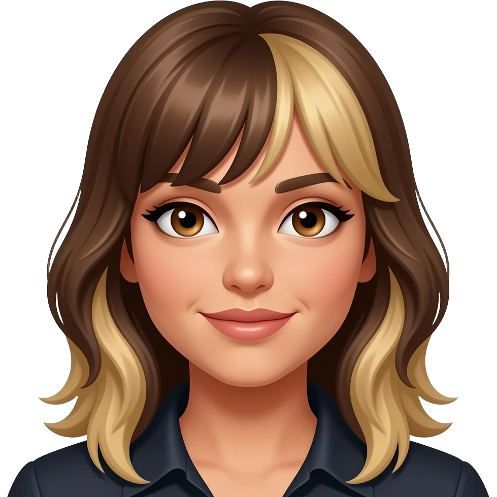 brown hair, blonde, caramel highlights, tan, side bang female emoji