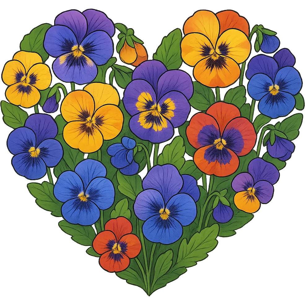 heart with a vibrant pansy garden, clean digital illustration, no background emoji