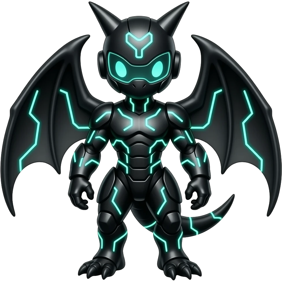a shiny black Genesect-Flygon-Raptor-Fakémon—hybrid with a futuristic visor-helmet full body emoji