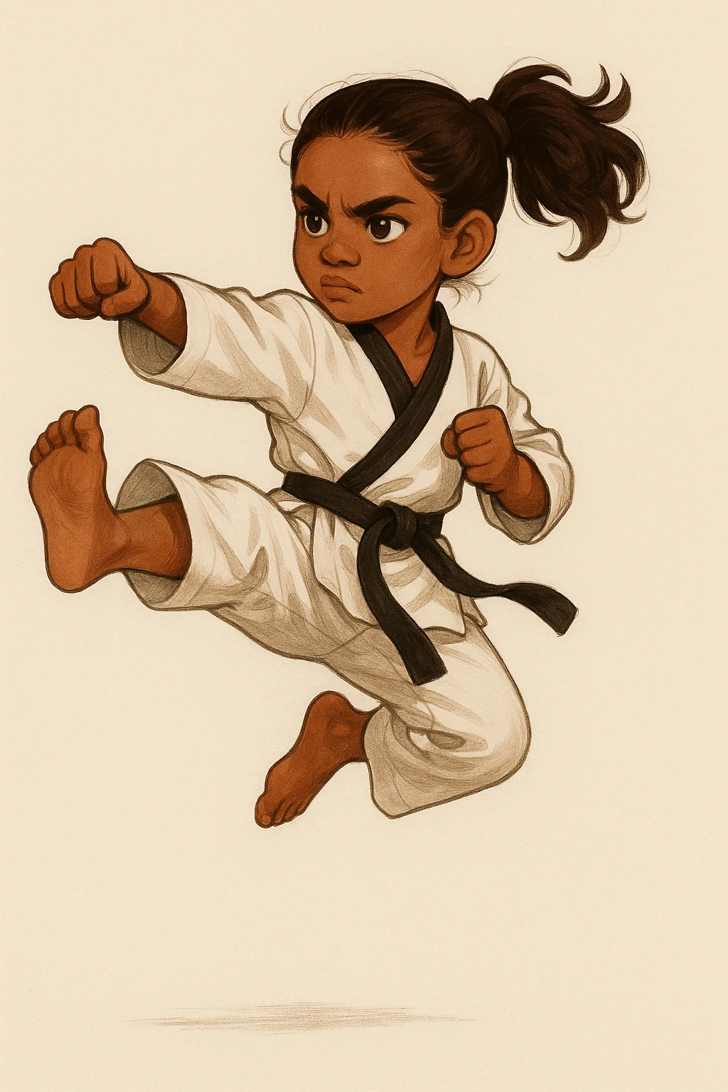 brown-skinned girl with brown hair in a ponytail mid-air taekwondo kick, determined look, martial arts outfit, plain background emoji