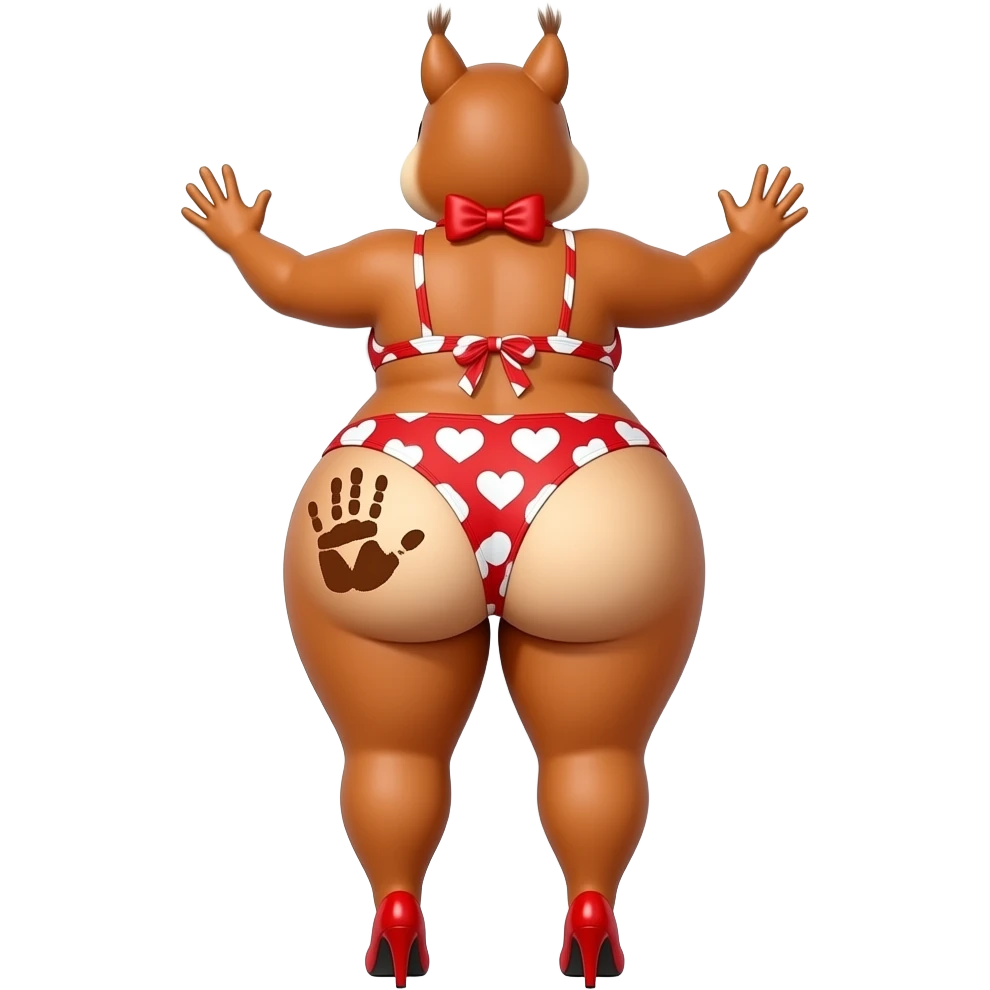A tall really extremely fat heart shaped red and white bikini big booty bbl squirrel showing back its massively big thighs and buttocks while putting her hands behind the wall and it has a brown colored hand print on her left buttocks and it with a red bow tie on her head wearing red high heels emoji