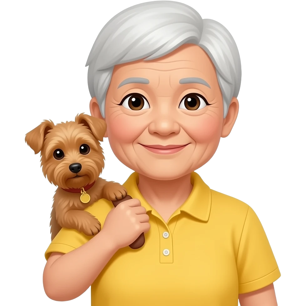 Asian grandma wearing yellow polo shirt with short white hair carrying brown terrier emoji