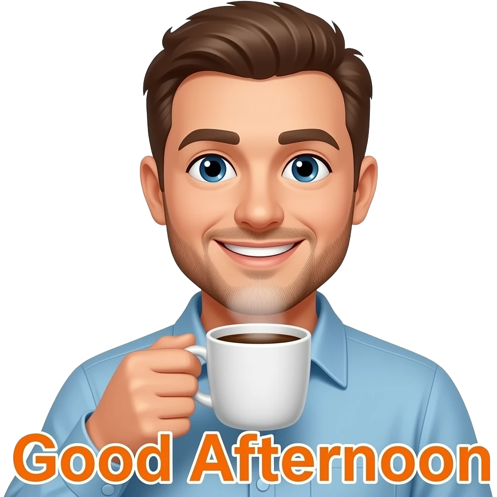 a stubbled face man smiling lifting a steaming cup of coffee close to the camera with the words 'Good Afternoon' in orange printed across the screen emoji