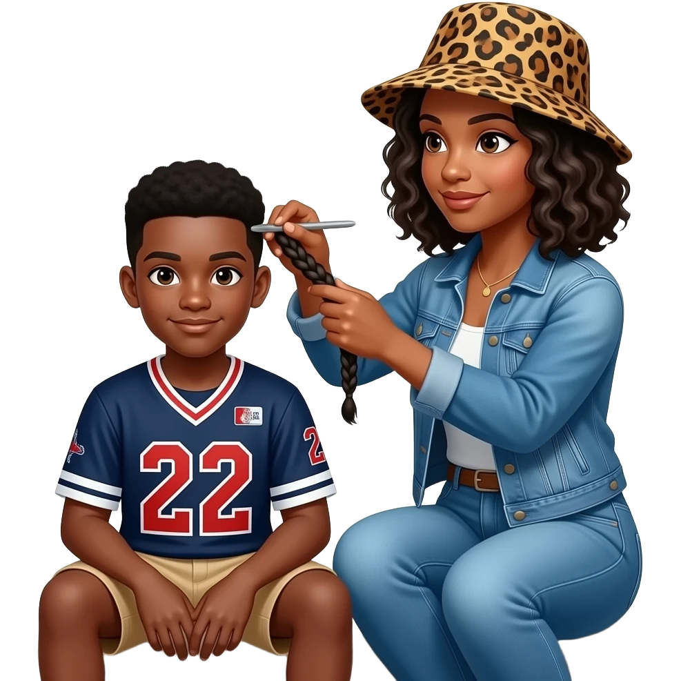 African American teenage boy sitting on house porch steps wearing a jersey shirt with the number 22 on it, getting his hair braided by a African American woman with shoulder length curly black hair wearing a leopard print bucket hat wearing denim jeans and a denim jacket emoji