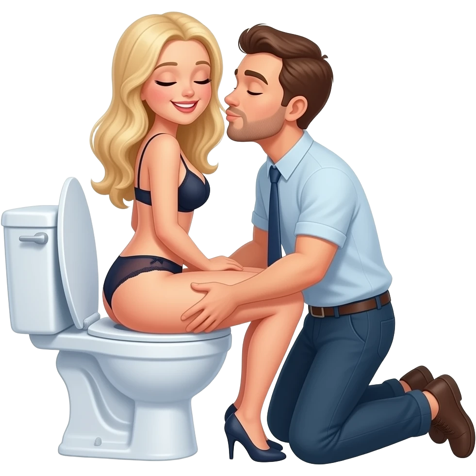 White blonde woman in lingerie sits reverse on open toilet holding her butt open while man knees behind her kissing her butt. Eyes closed smiling emoji