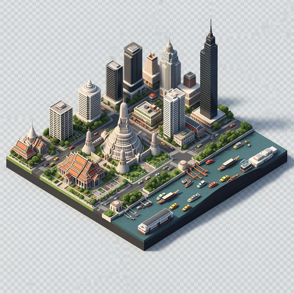 Isometric miniature of Bangkok 3D miniature effect and Tilt Shift effect, no cartoonish look, transparent background. emoji